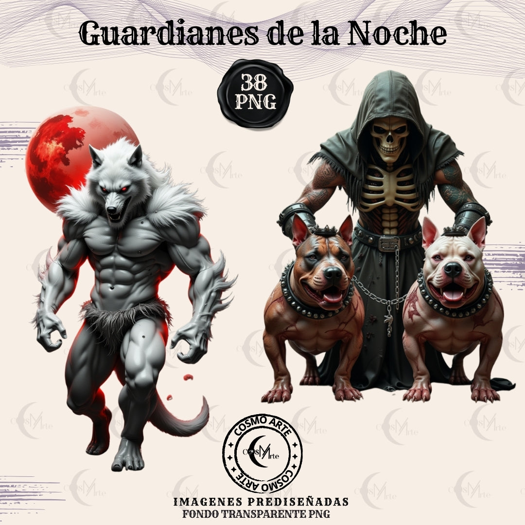 pack de 38 imágenes – guardianes de la noche | lobos, sombras y magia lunar | png descargable