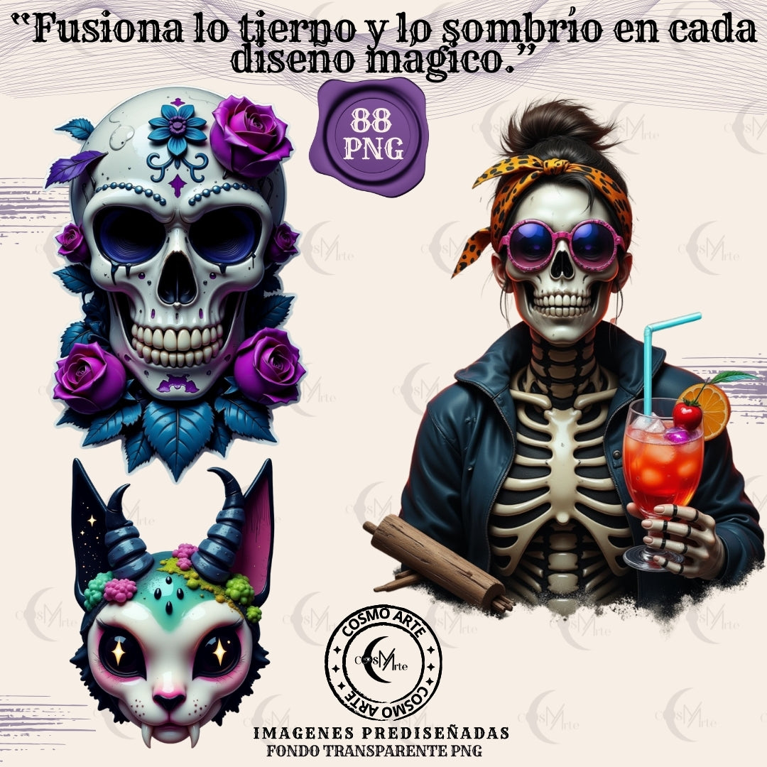 Criaturas góticas kawaii – pegatinas digitales oscuras | stickers png místicos | arte alternativo esotérico