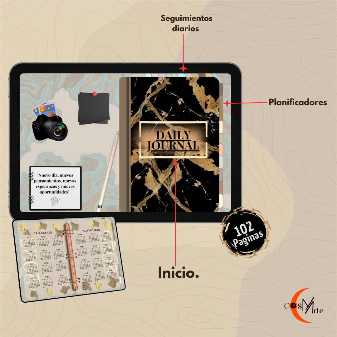 Daily Journal Digital – PDF Agenda 102 Páginas | Ingresos, Ejercicio, Hidratación y más | Compatible con GoodNotes y Penly