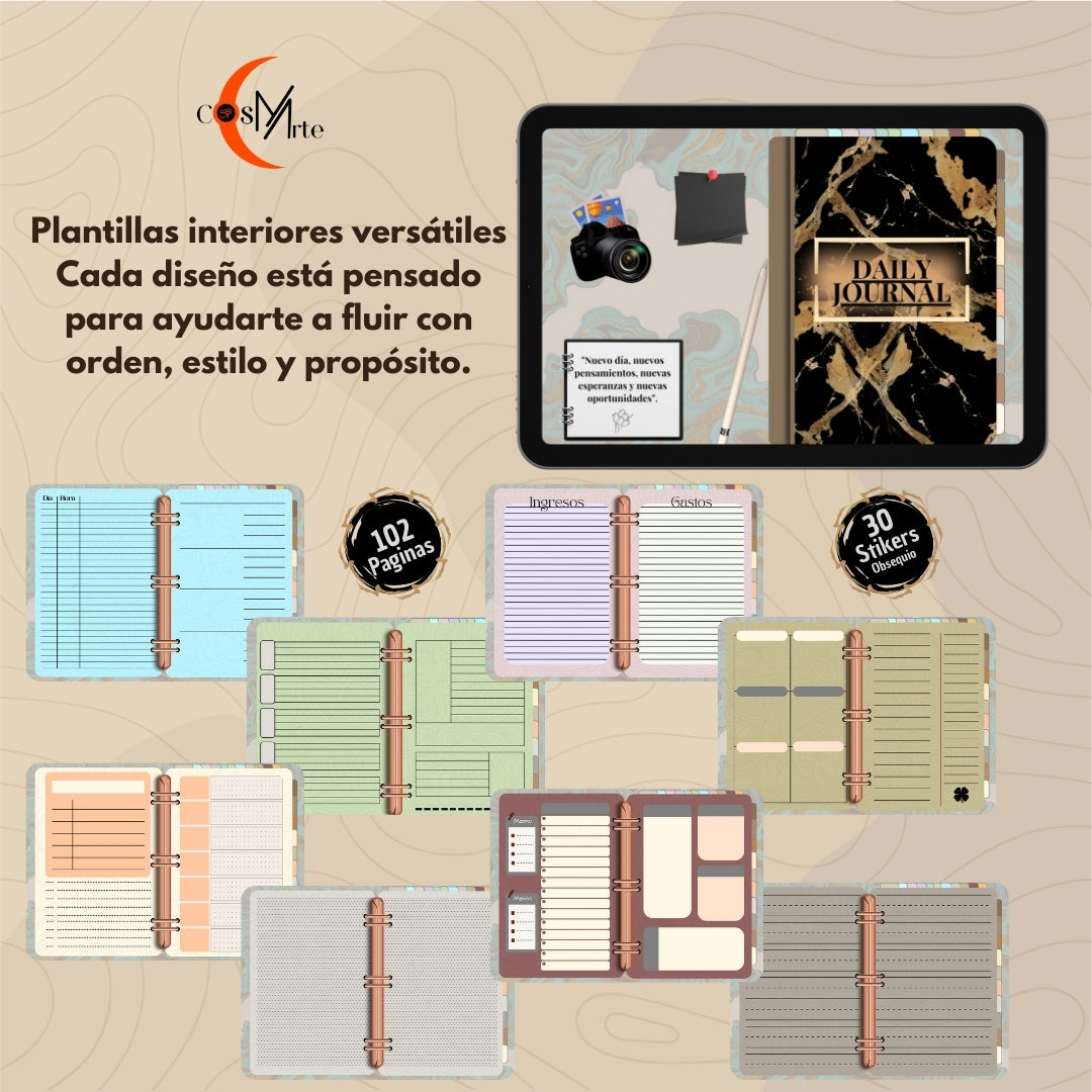 Daily Journal Digital – PDF Agenda 102 Páginas | Ingresos, Ejercicio, Hidratación y más | Compatible con GoodNotes y Penly