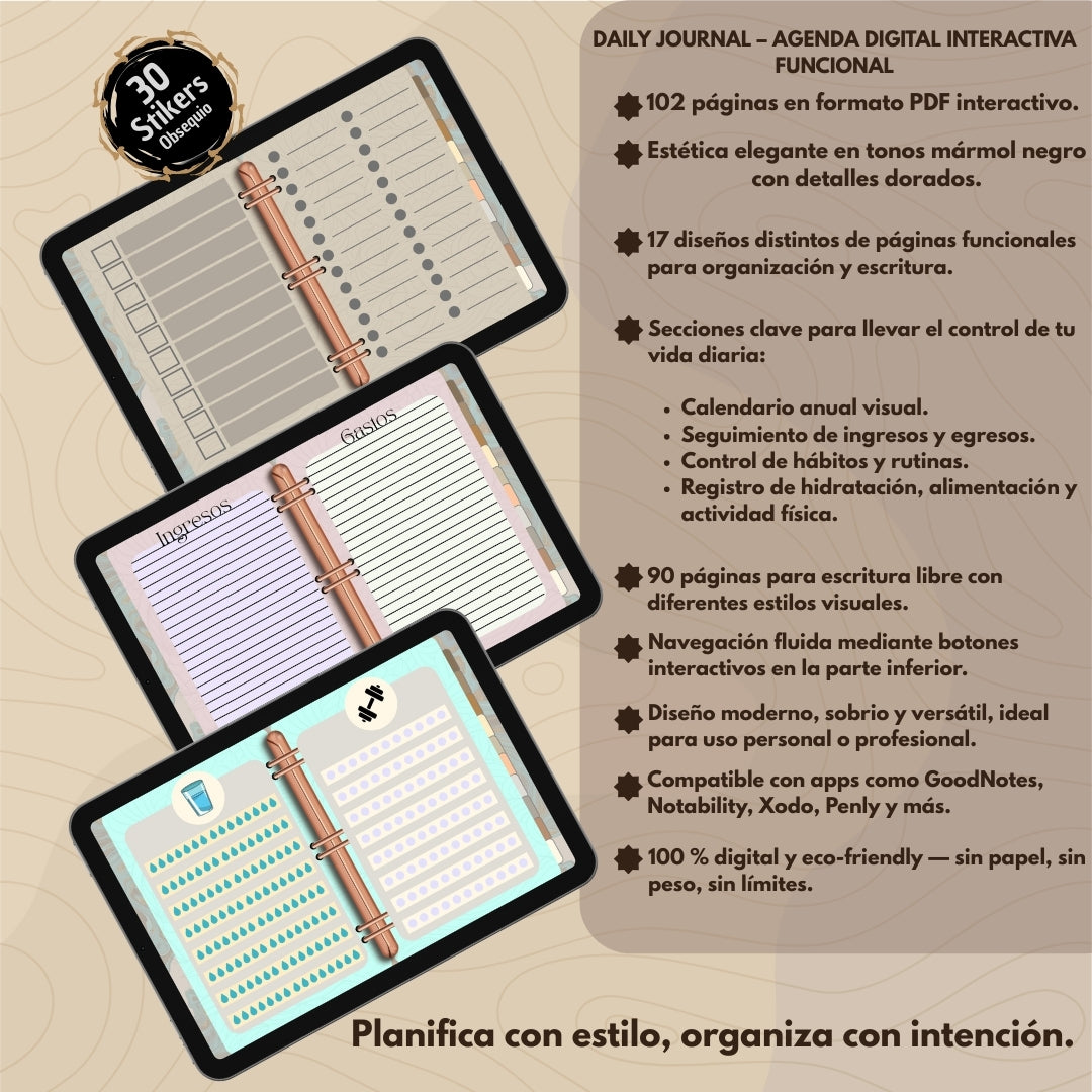 Daily Journal Digital – PDF Agenda 102 Páginas | Ingresos, Ejercicio, Hidratación y más | Compatible con GoodNotes y Penly
