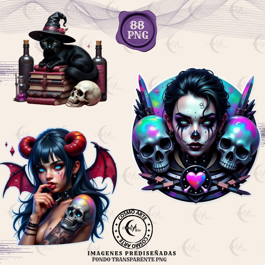 Criaturas góticas kawaii – pegatinas digitales oscuras | stickers png místicos | arte alternativo esotérico