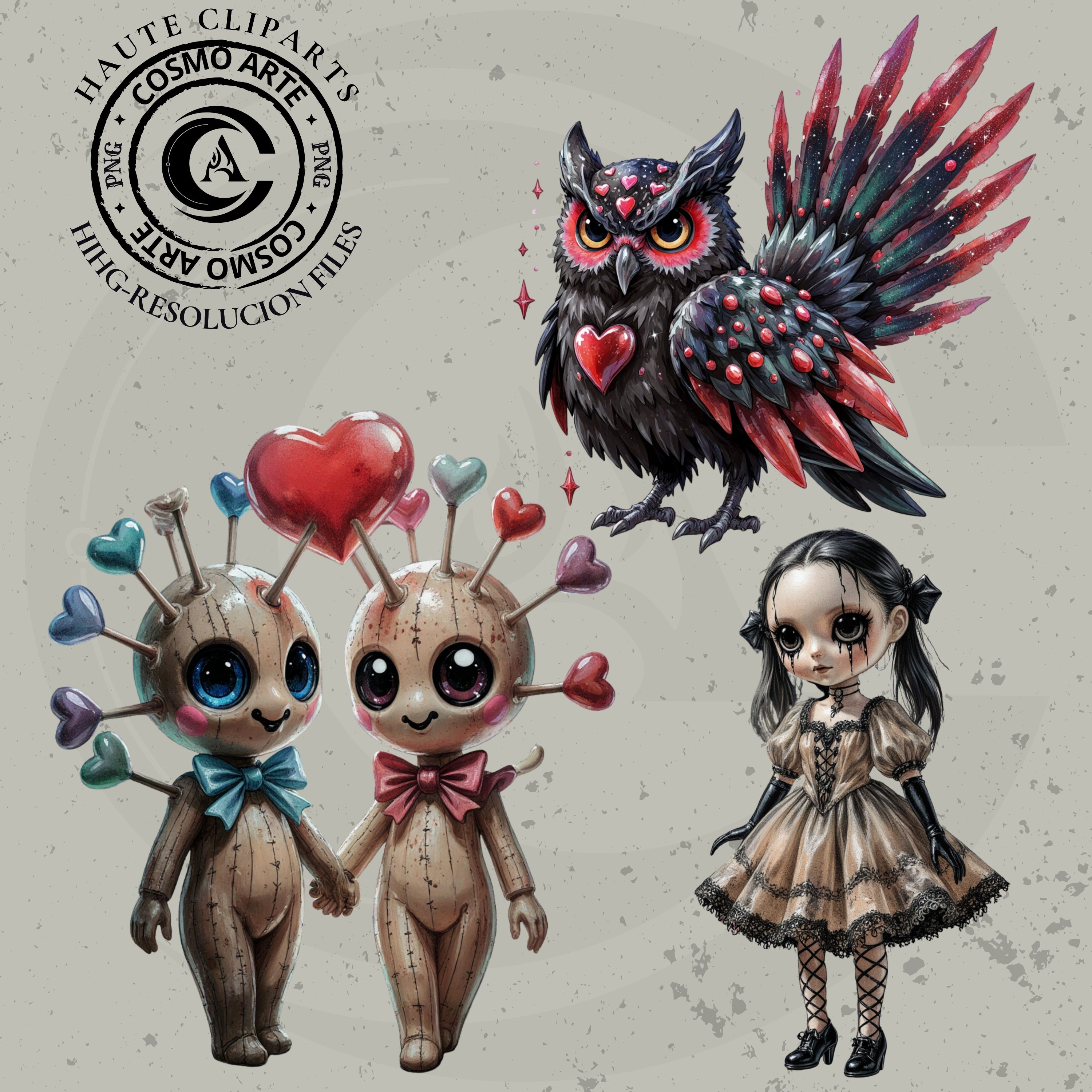 Vudú dolls – pack de cliparts horror-cute en png | alta resolución 300 dpi
